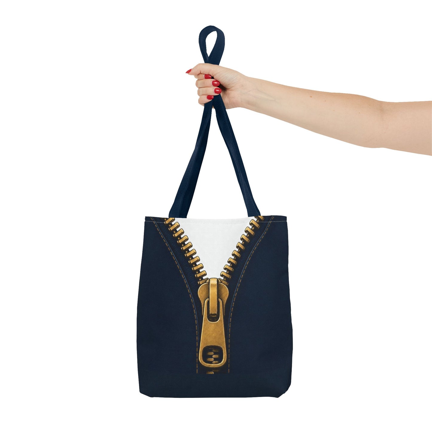 A close-up graphic of a metallic gold zipper opening up dark navy denim fabric - tote bag