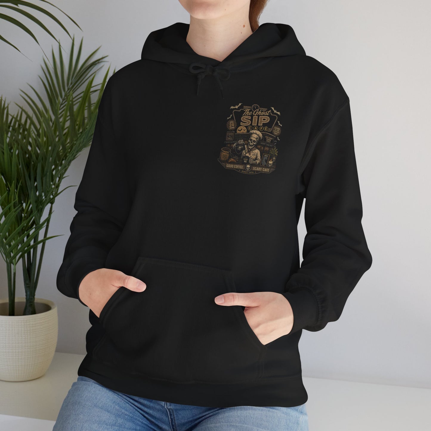 Spooky Coffee and Chaos Retro Skeleton Barista Cafe Illustration - hoodie