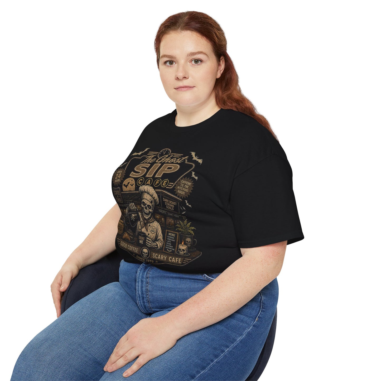 Spooky Coffee and Chaos Retro Skeleton Barista Cafe Illustration - t-shirt