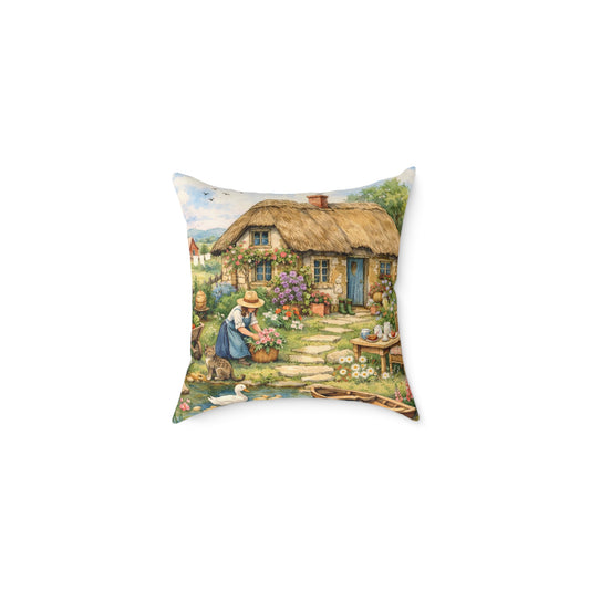 Throw pillow - Whimsical English Countryside Thatch Cottage