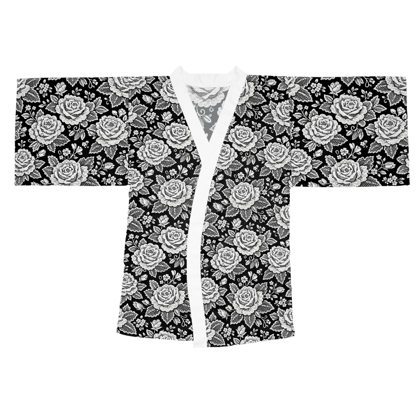 Long sleeves kimono - White Rose Lace Floral Pattern