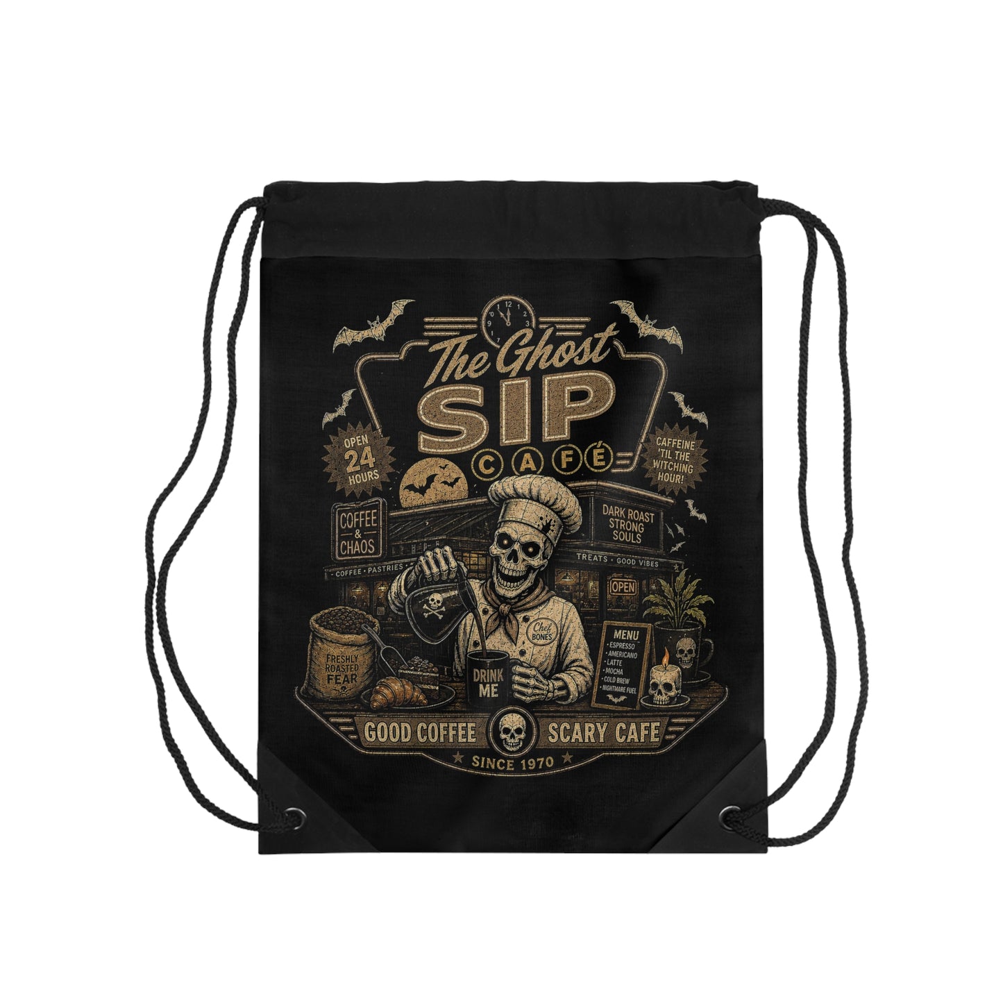 Spooky Coffee and Chaos Retro Skeleton Barista Cafe Illustration - drawstring bag