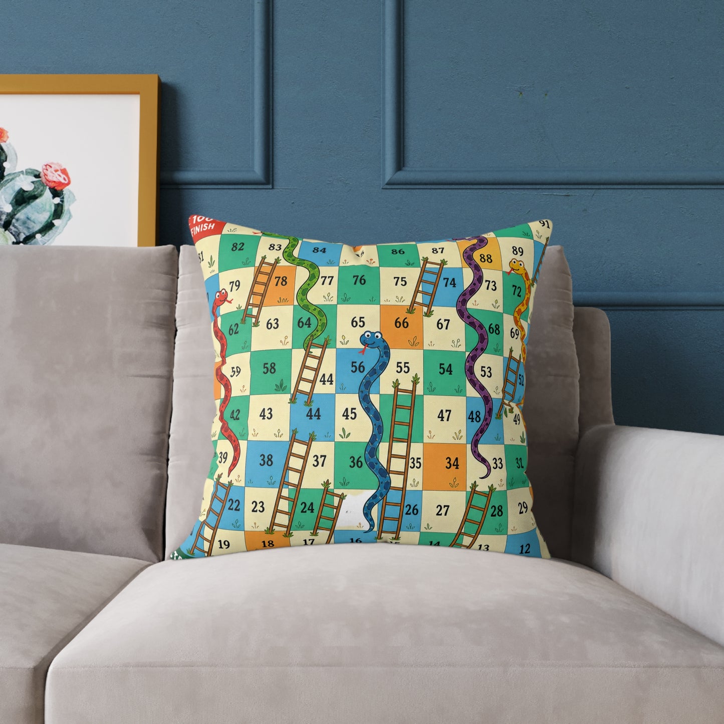 Printable Snakes and Ladders Board Game | Vibrant Cartoon Board Game throw pillow Design