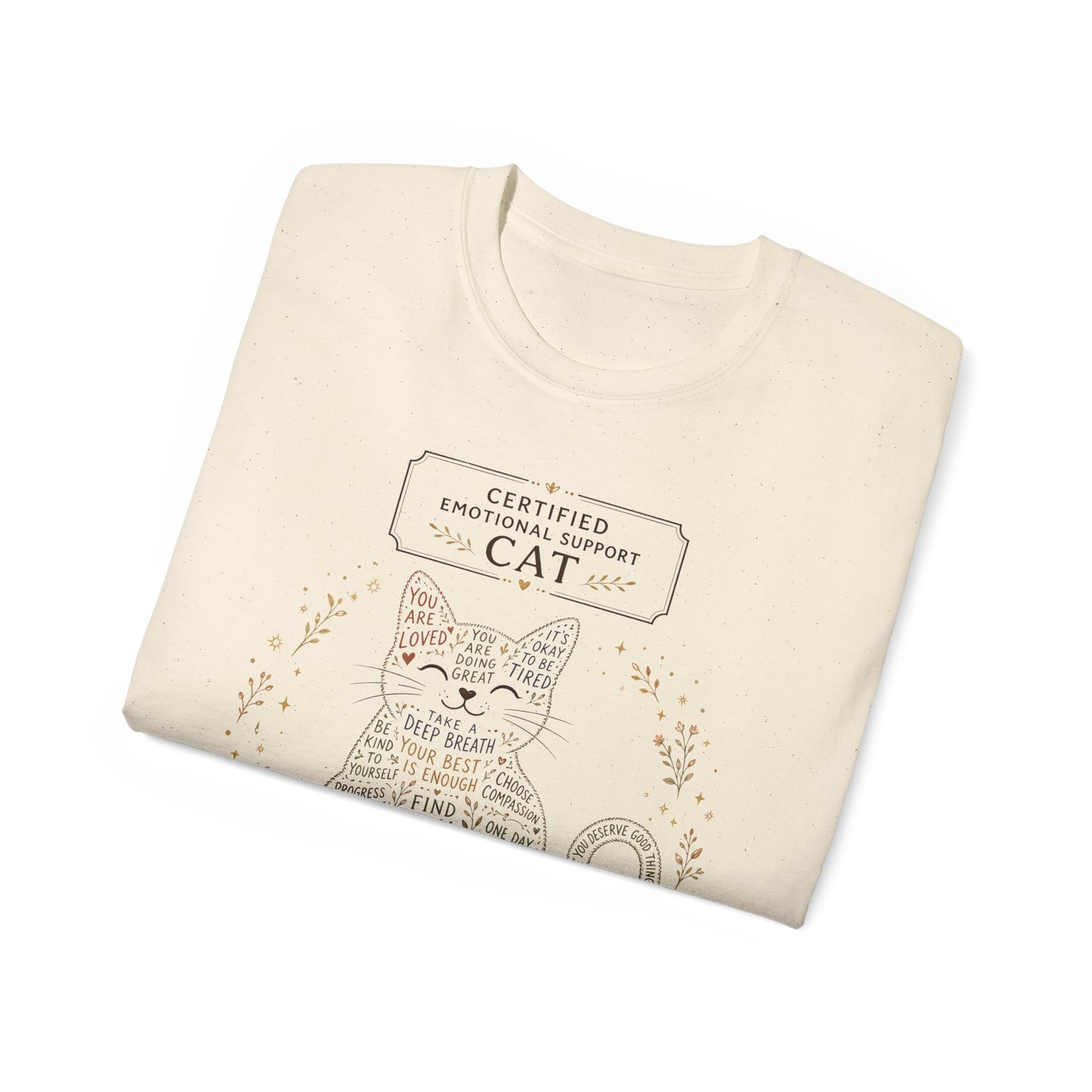 Cute cat t-shirt design with positive reminders and self-care quotes