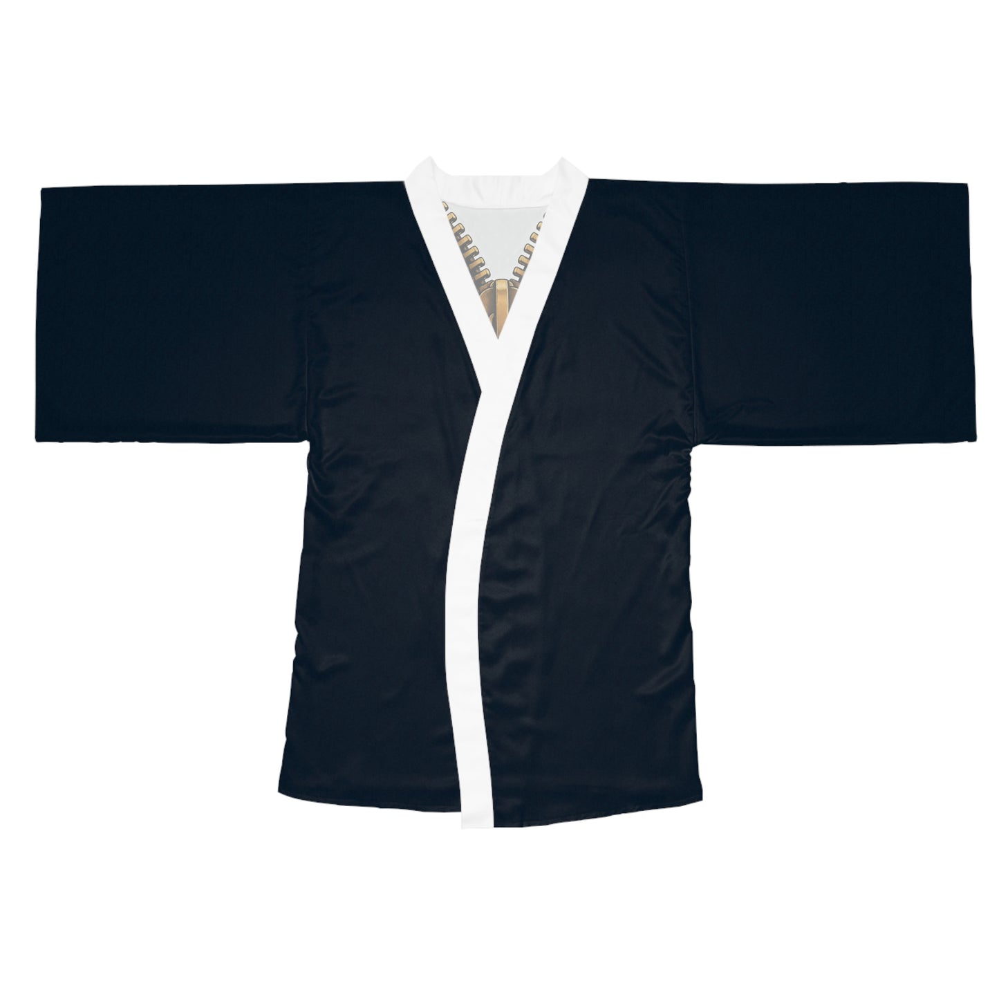 A close-up graphic of a metallic gold zipper opening up dark navy denim fabric - kimono robe