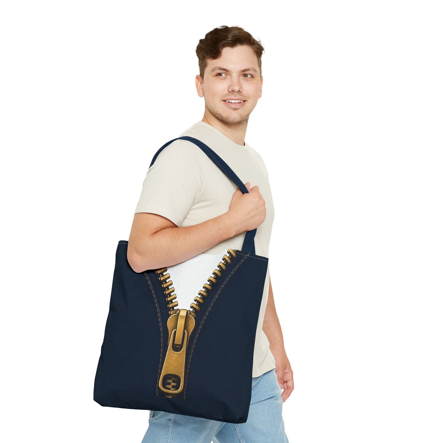 A close-up graphic of a metallic gold zipper opening up dark navy denim fabric - tote bag