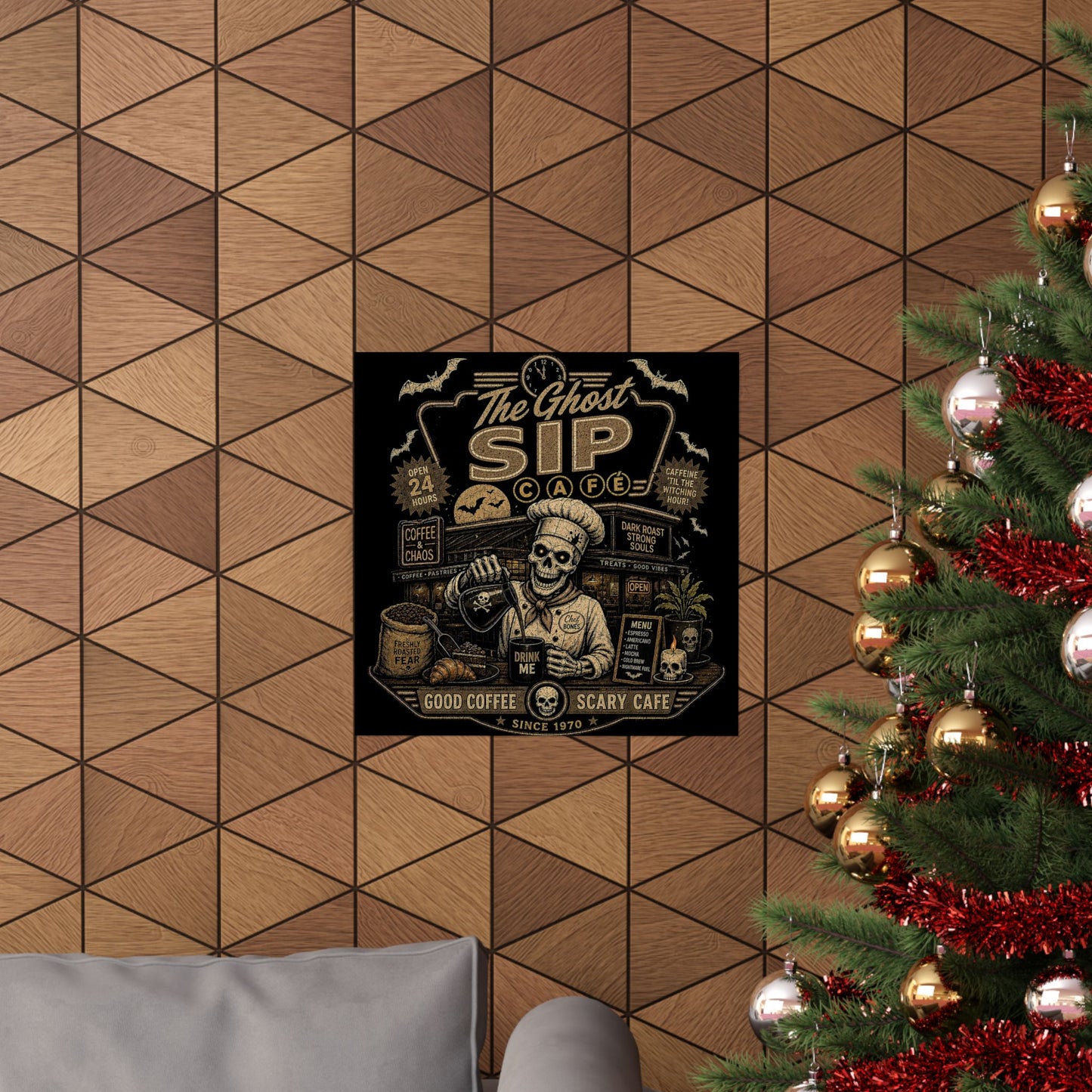 Spooky Coffee and Chaos Retro Skeleton Barista Cafe Illustration - poster
