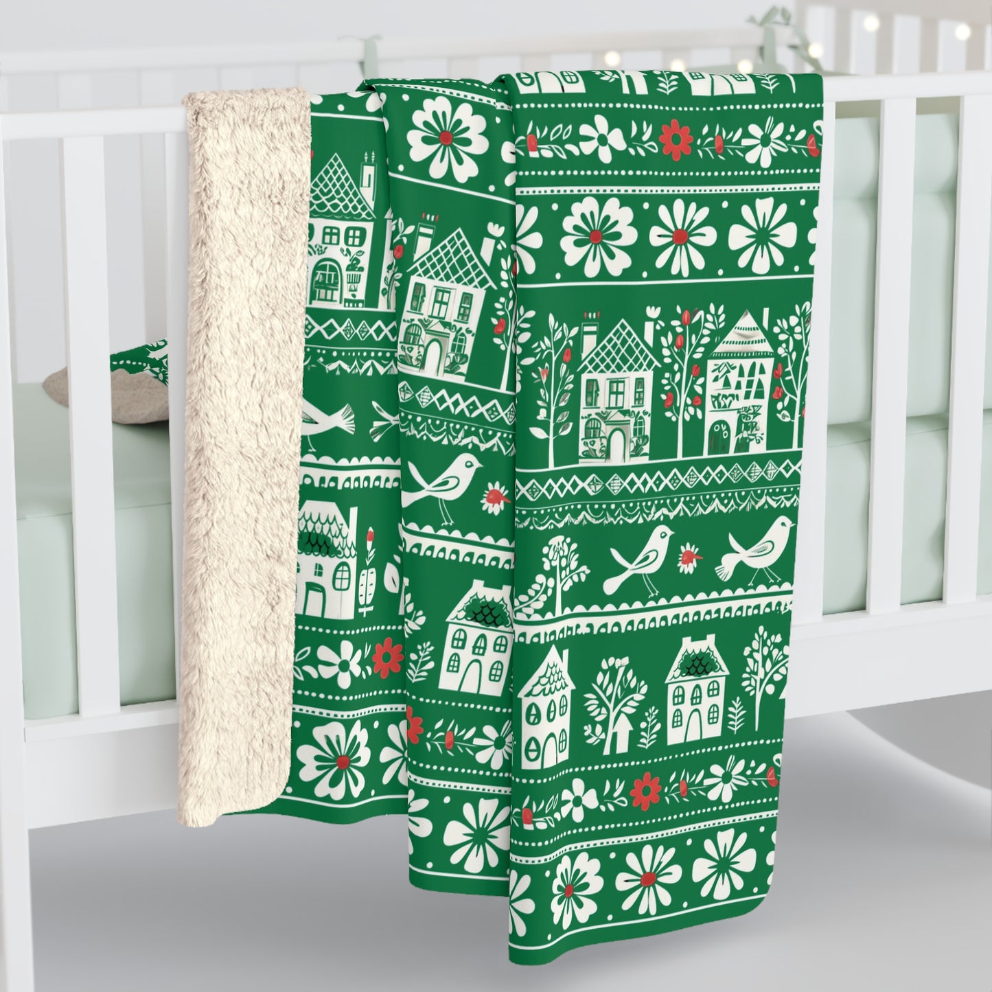 Sherpa Fleece Blanket - folk art garden pattern
