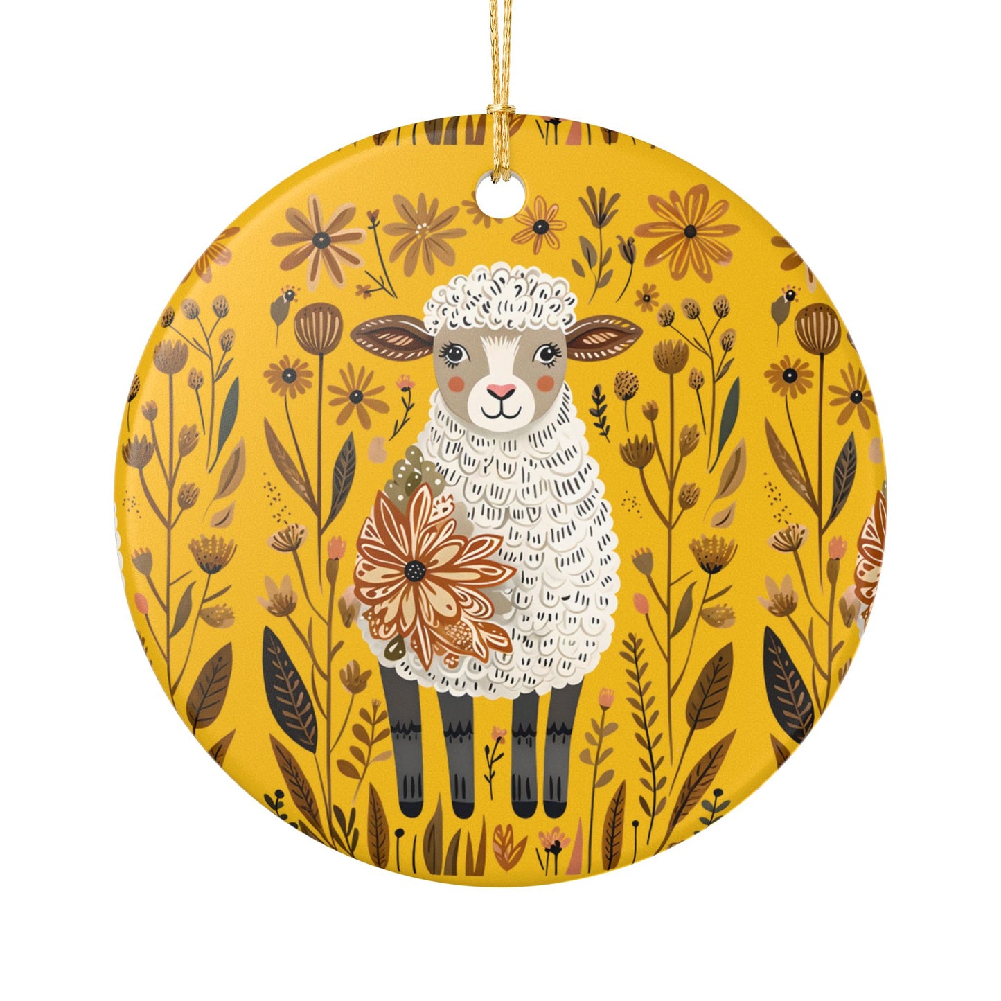 Ceramic round ornament - farm sheep pattern