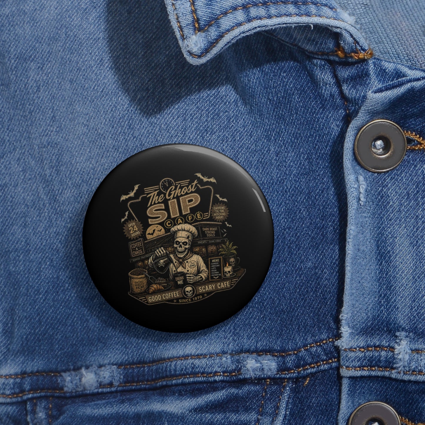Spooky Coffee and Chaos Retro Skeleton Barista Cafe Illustration - button
