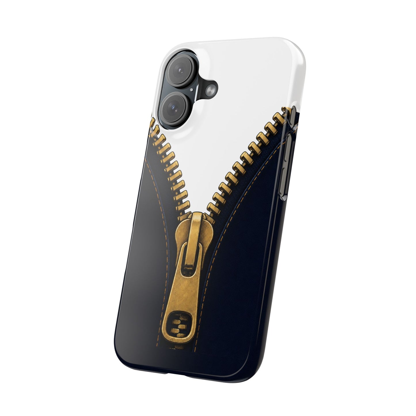 A close-up graphic of a metallic gold zipper opening up dark navy denim fabric - iphone 16 and 15 slim case