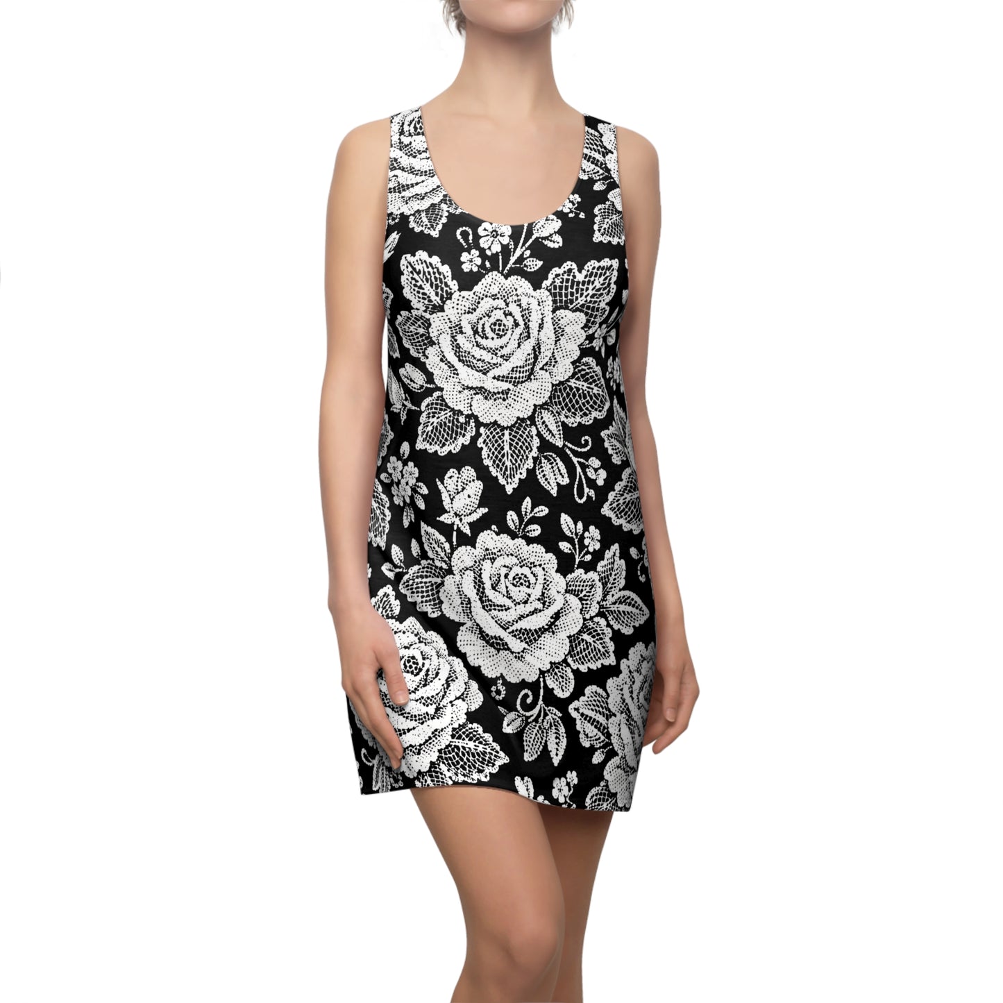 Racerback Dress — White Rose Lace Floral Pattern