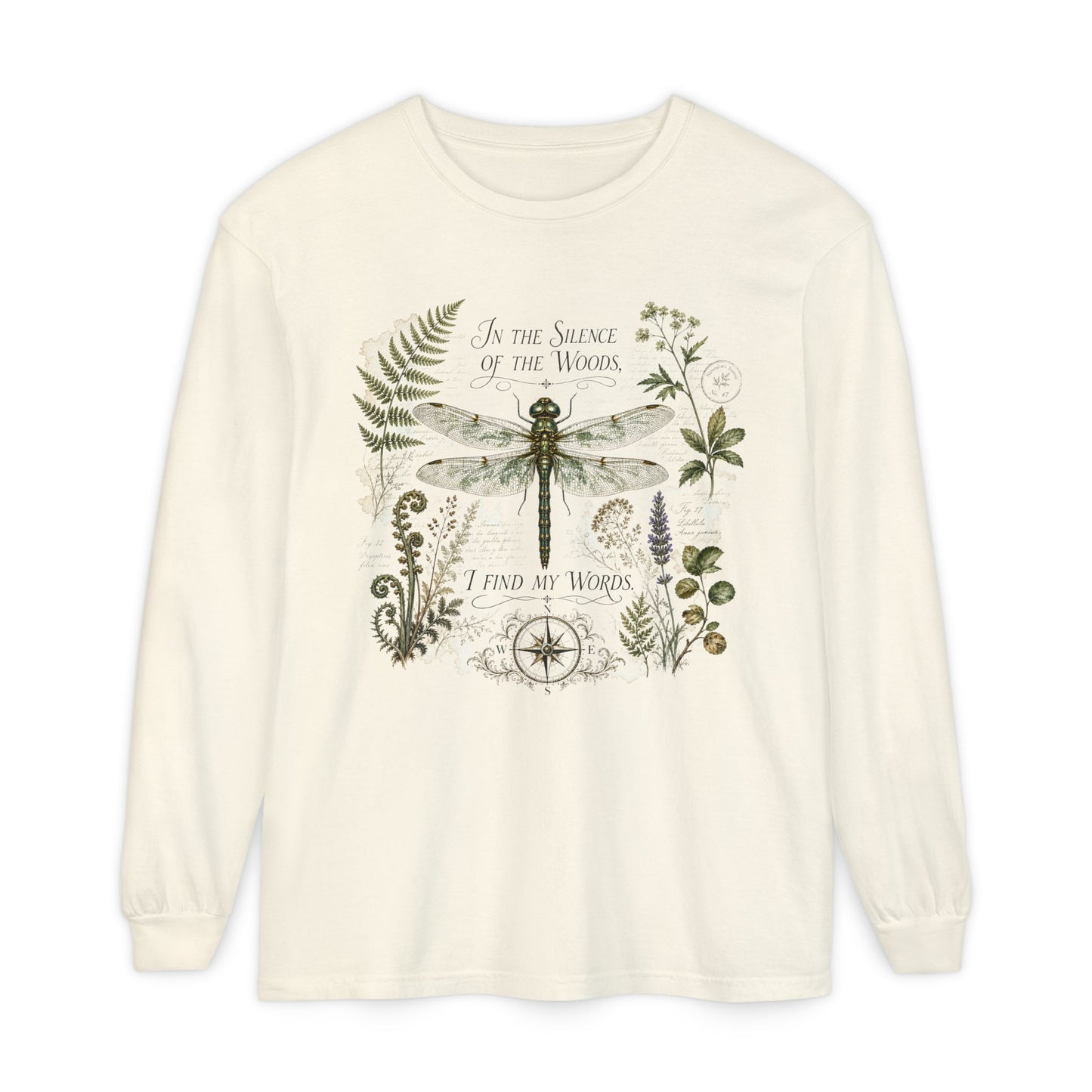 Vintage Botanical Dragonfly Long sleeves t-shirt with Quote "In the Silence of the Woods, I Find My Words" for Writers and Nature Lovers