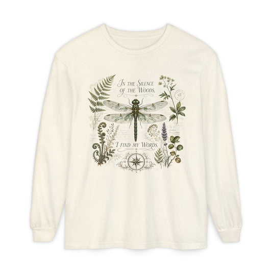 Vintage Botanical Dragonfly Long sleeves t-shirt with Quote "In the Silence of the Woods, I Find My Words" for Writers and Nature Lovers