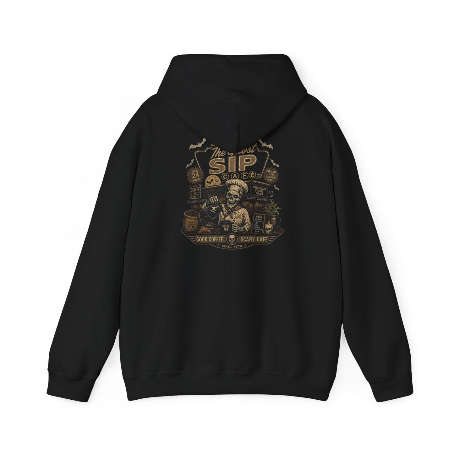 Spooky Coffee and Chaos Retro Skeleton Barista Cafe Illustration - hoodie