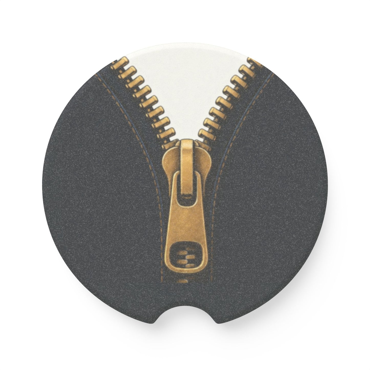 A close-up graphic of a metallic gold zipper opening up dark navy denim fabric - car soapstone coaster