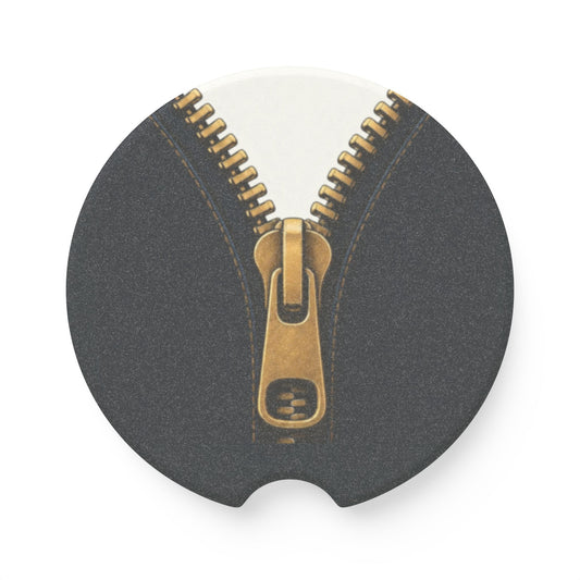 A close-up graphic of a metallic gold zipper opening up dark navy denim fabric - car soapstone coaster