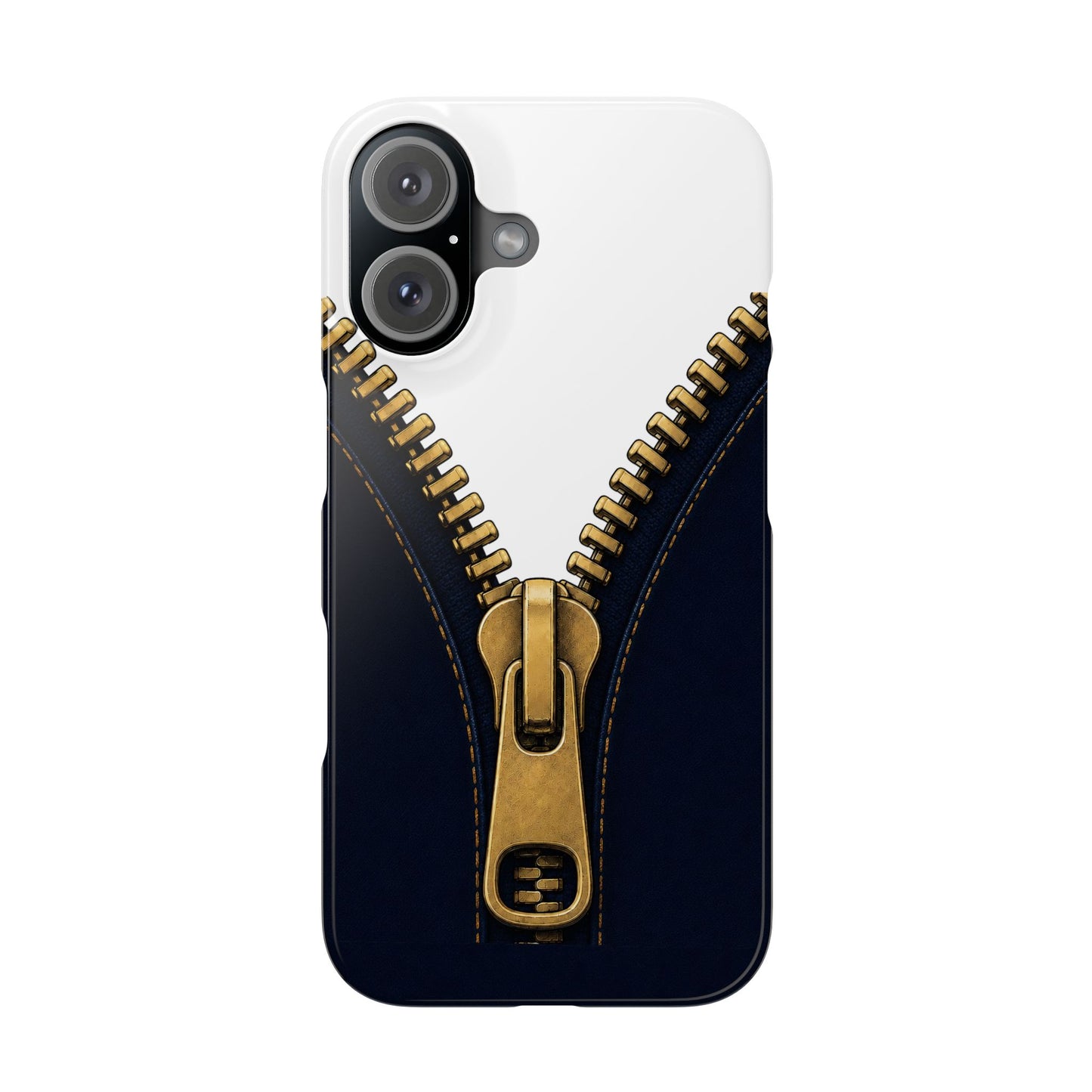 A close-up graphic of a metallic gold zipper opening up dark navy denim fabric - iphone 16 and 15 slim case