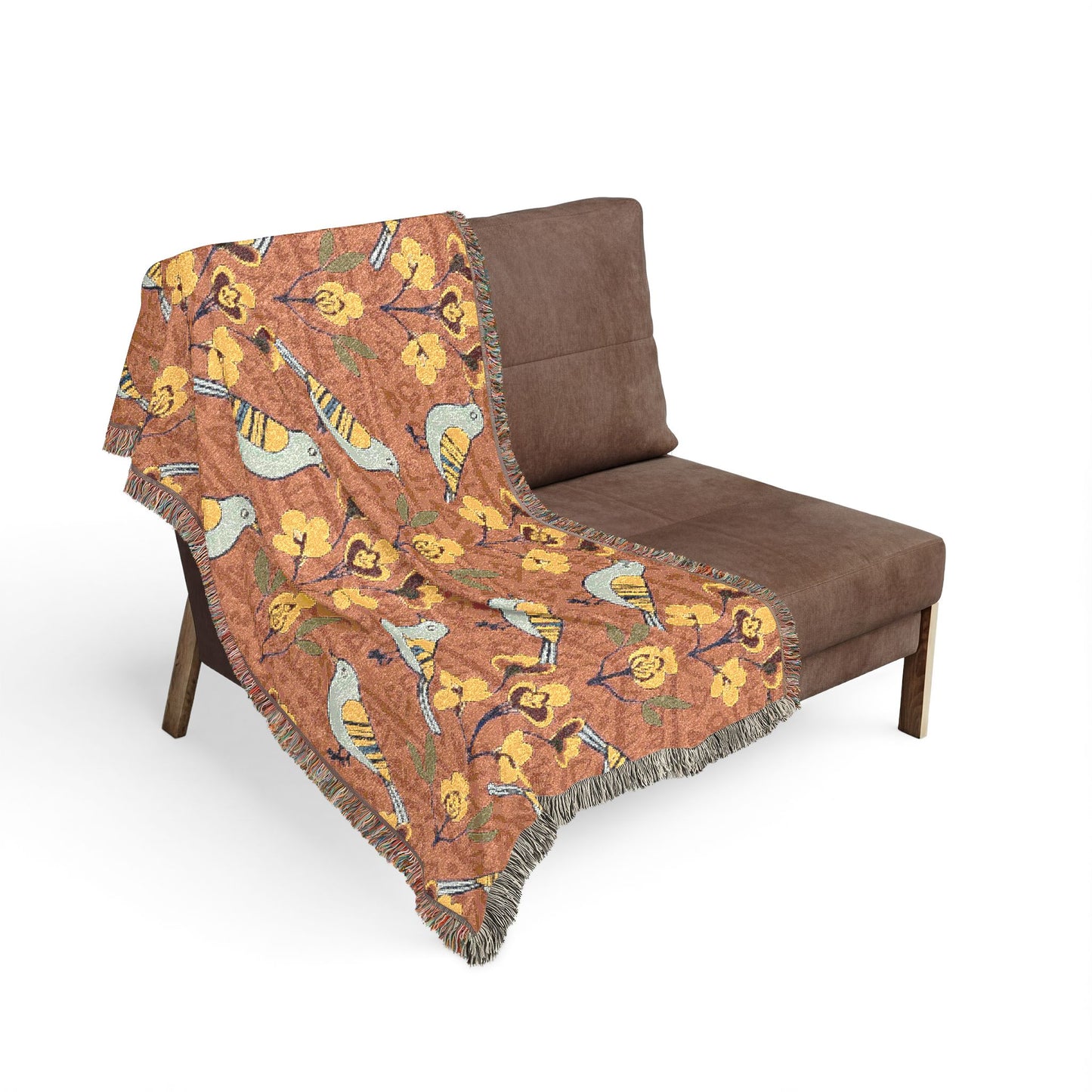 Woven Blanket - Modern Folk Art Bird and Floral Seamless Pattern on Terracotta
