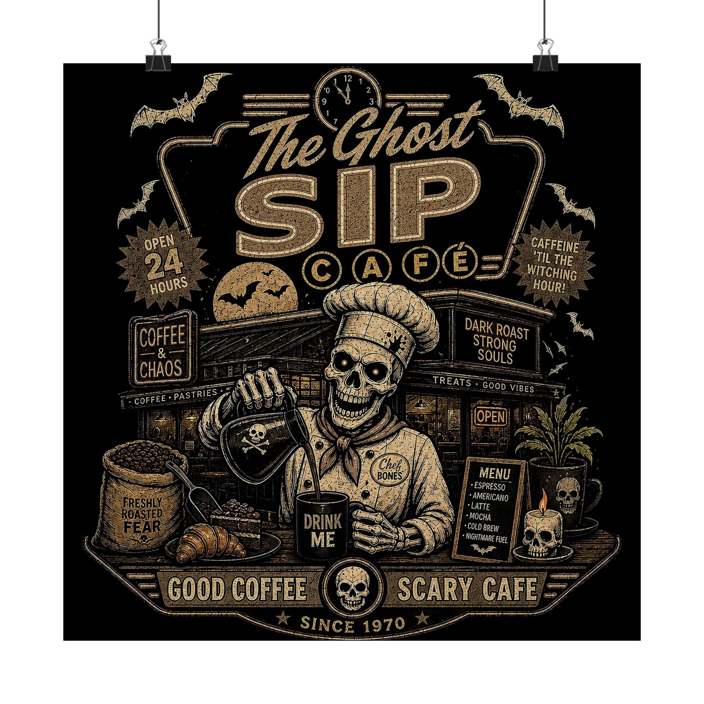 Spooky Coffee and Chaos Retro Skeleton Barista Cafe Illustration - poster
