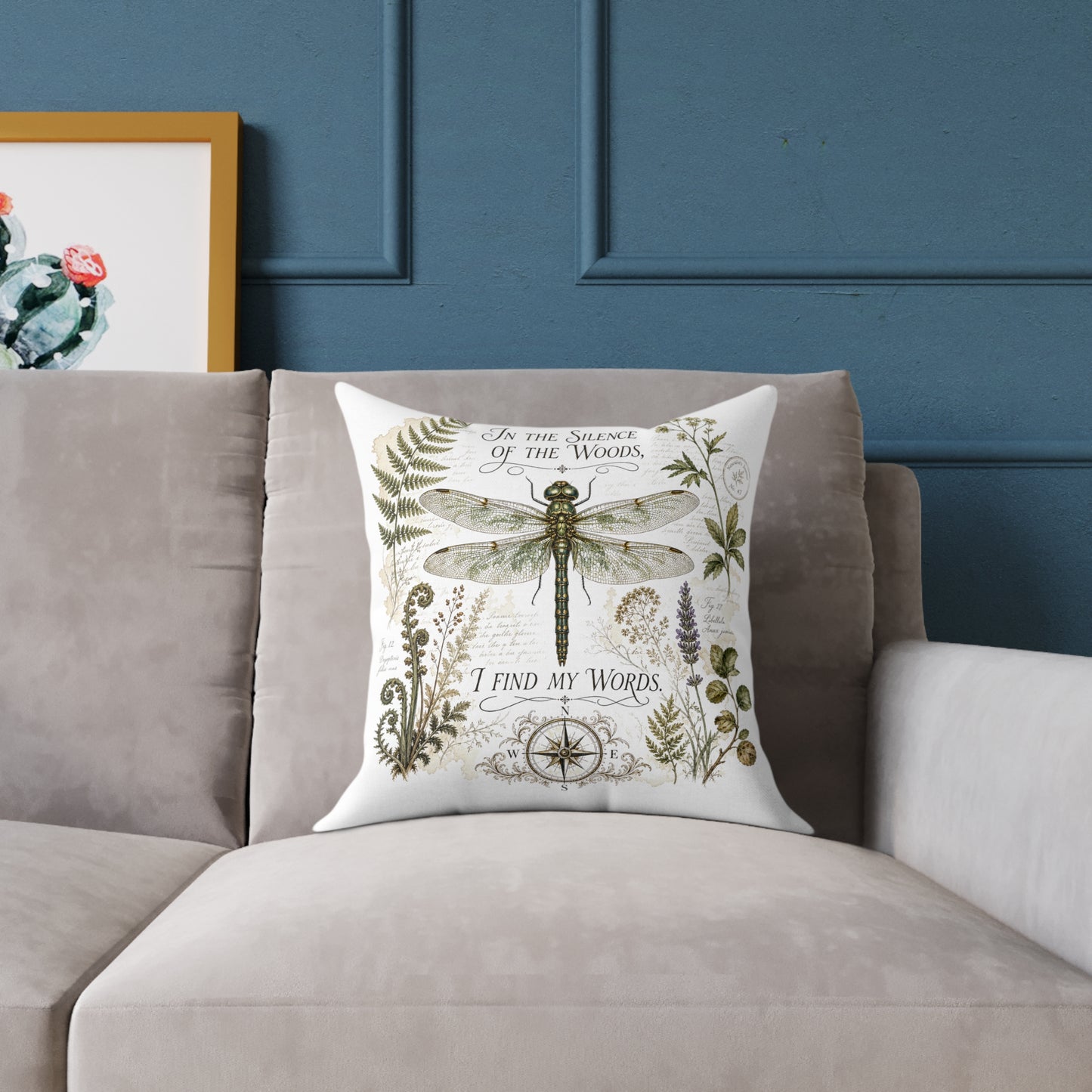 Vintage Botanical Dragonfly throw pillow with Quote "In the Silence of the Woods, I Find My Words" for Writers and Nature Lovers