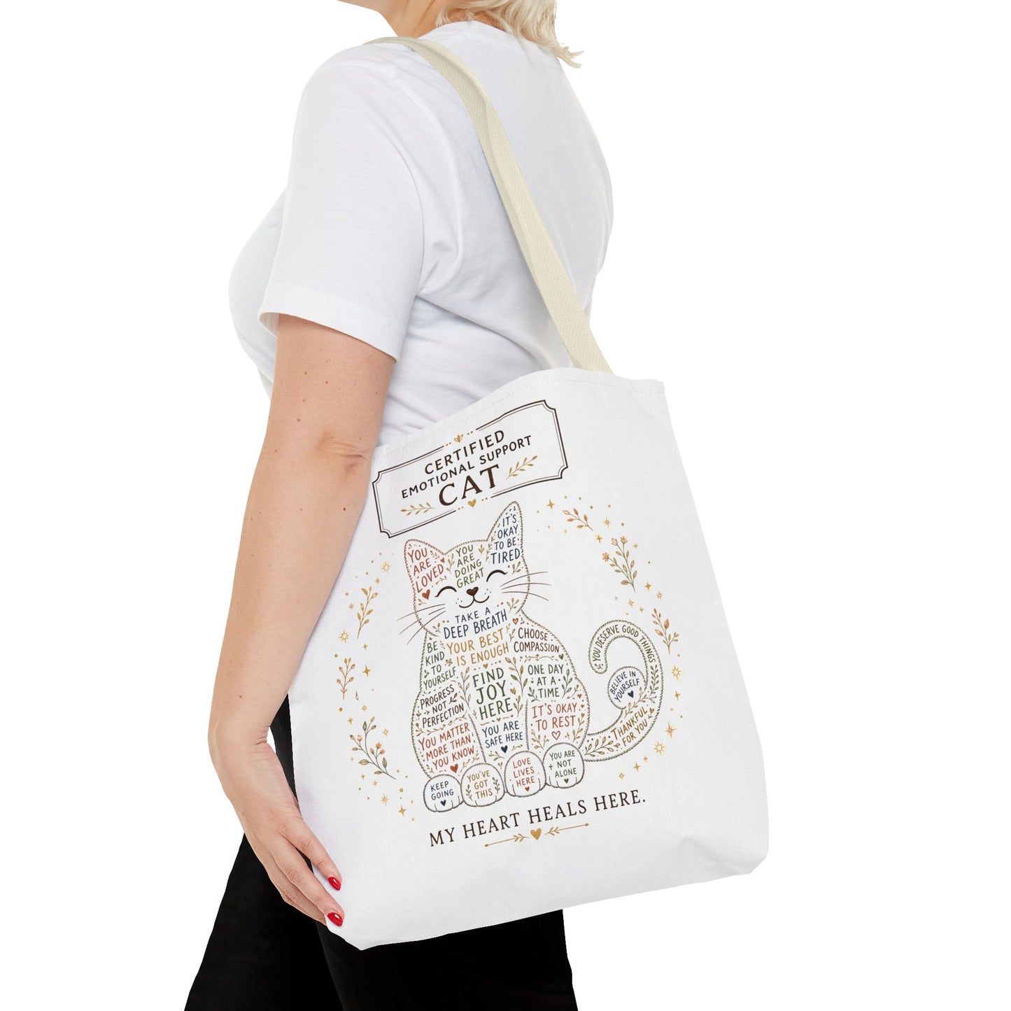 Cute cat tote bag design with positive reminders and self-care quotes