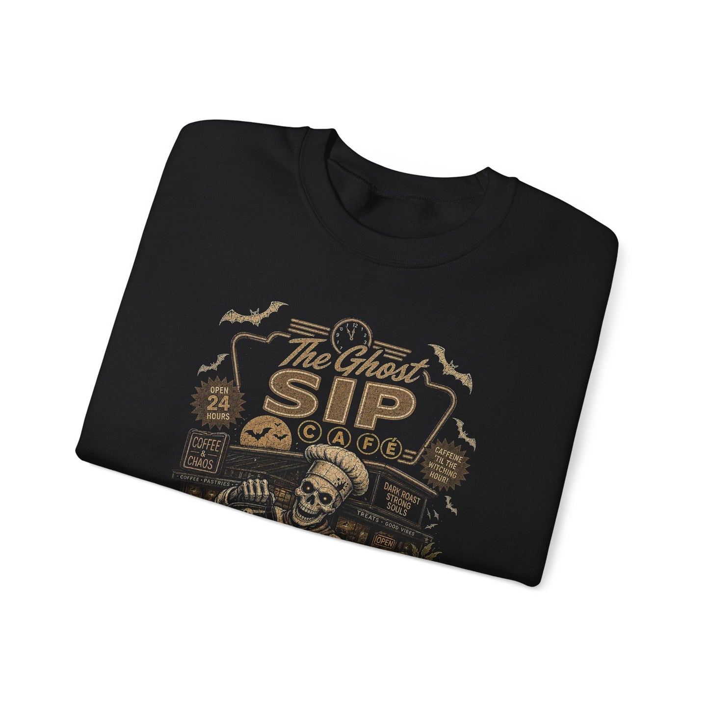 Spooky Coffee and Chaos Retro Skeleton Barista Cafe Illustration - sweatshirt