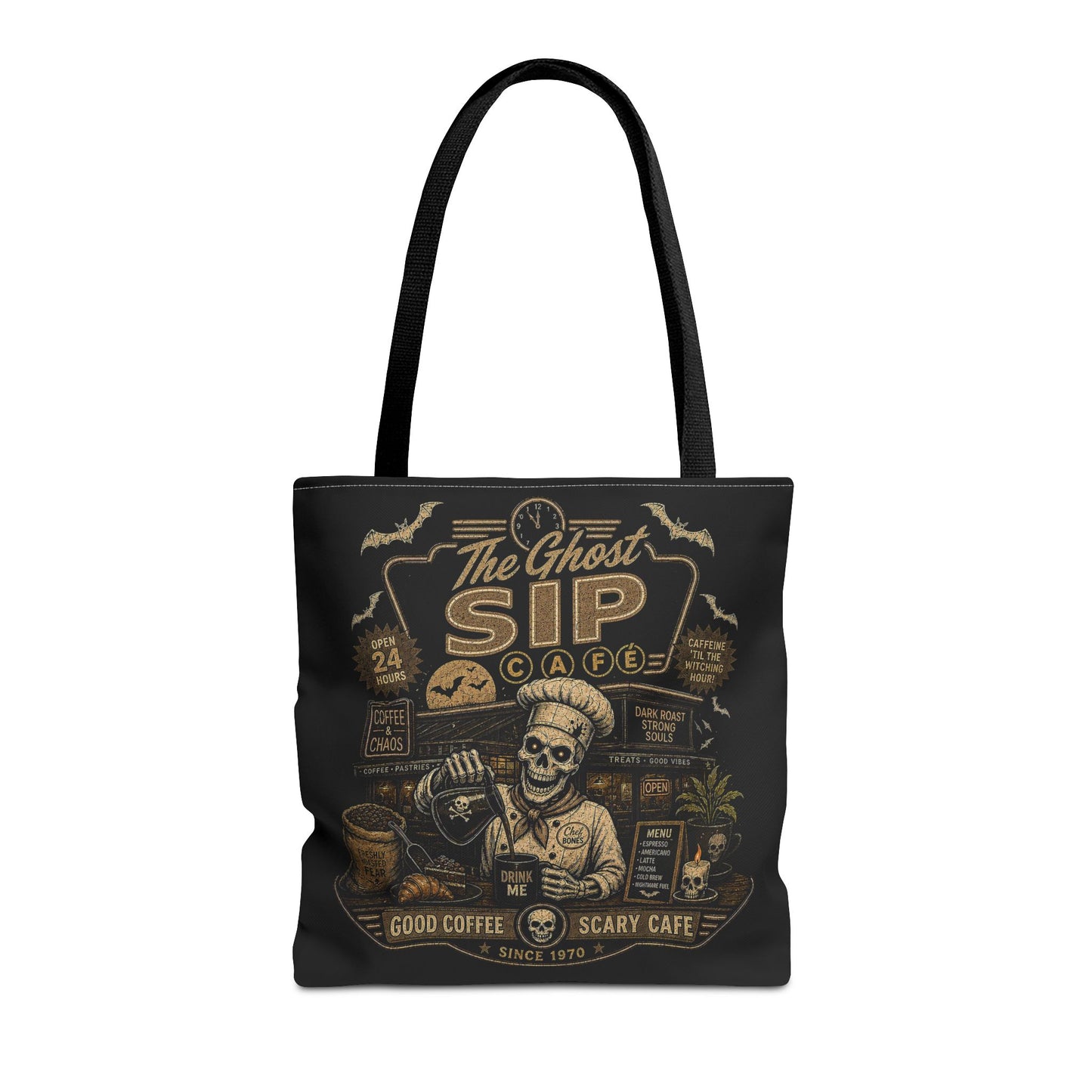 Spooky Coffee and Chaos Retro Skeleton Barista Cafe Illustration - tote bag
