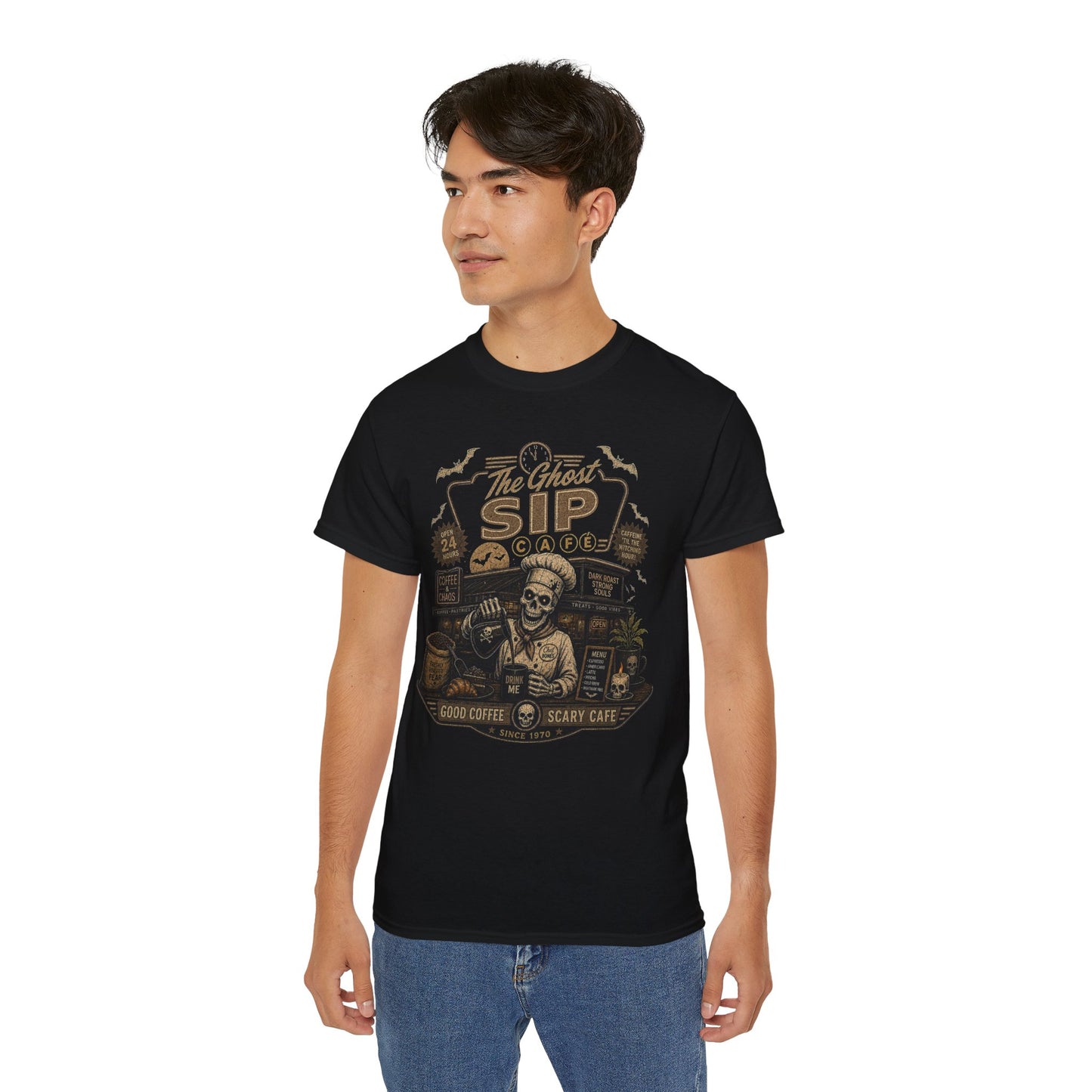 Spooky Coffee and Chaos Retro Skeleton Barista Cafe Illustration - t-shirt