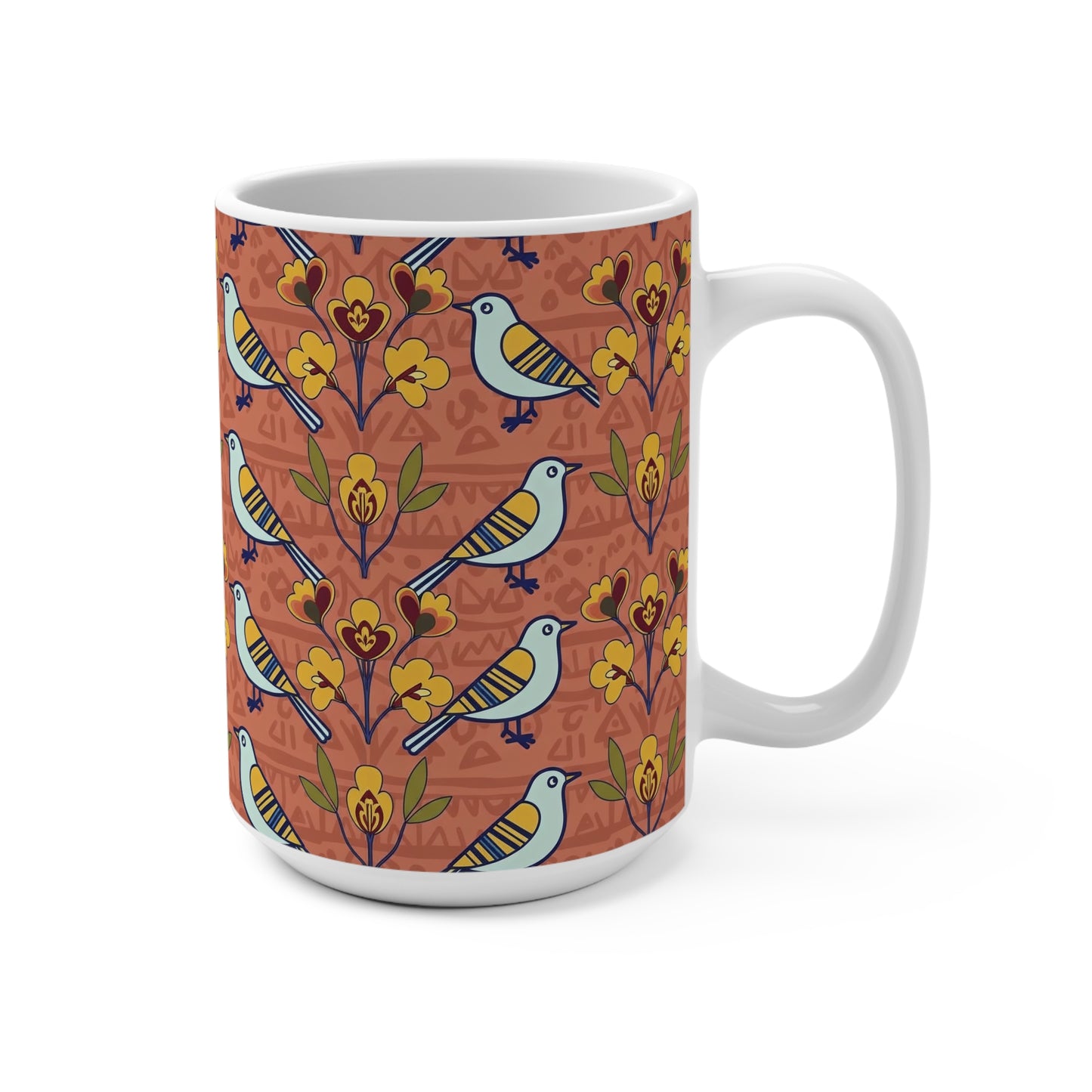 15oz Mug —  Modern Folk Art Bird and Floral Seamless Pattern on Terracotta