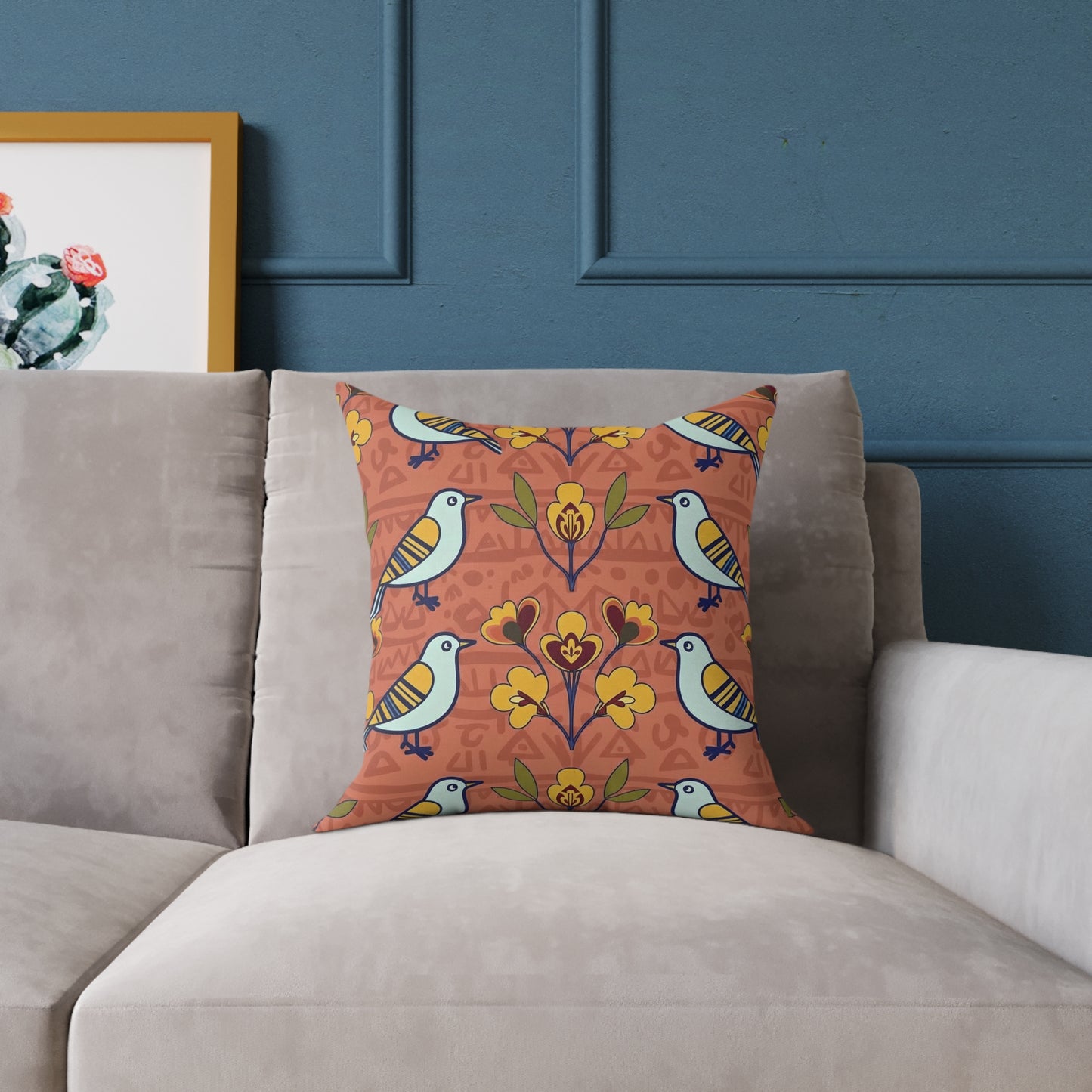 Throw Pillow - Modern Folk Art Bird and Floral Seamless Pattern on Terracotta