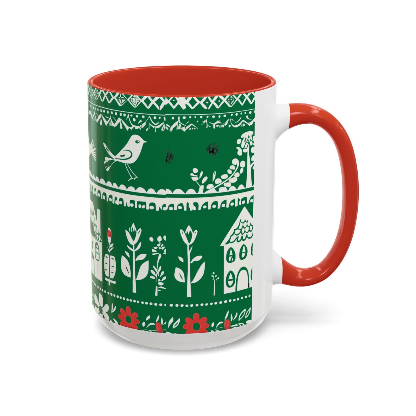 Red inside coffee mug - The folk art garden pattern