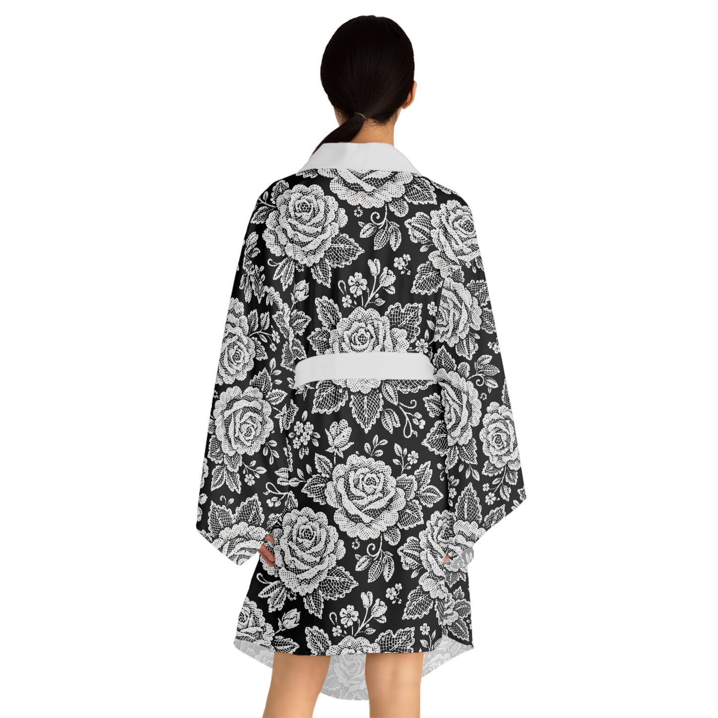Long sleeves kimono - White Rose Lace Floral Pattern