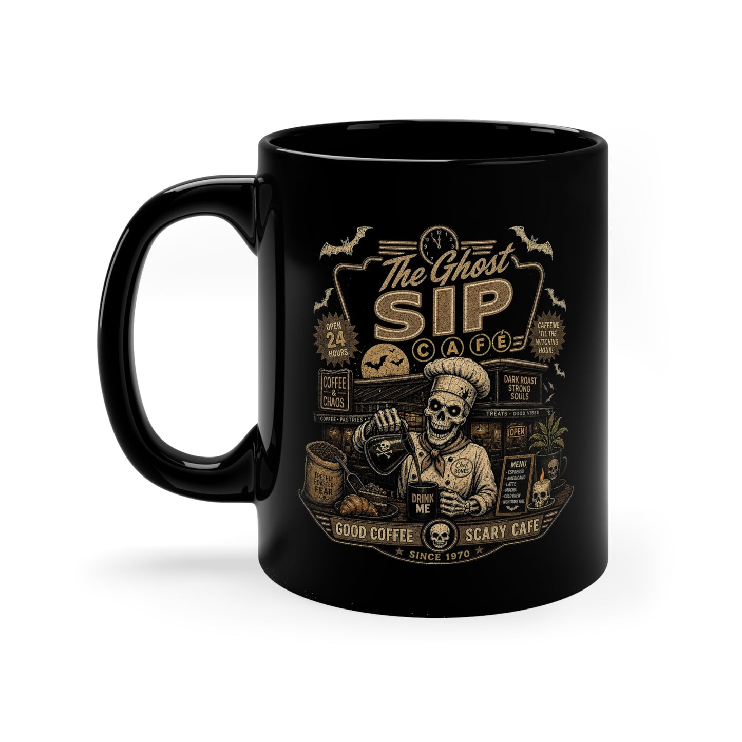 Spooky Coffee and Chaos Retro Skeleton Barista Cafe Illustration - coffee mug