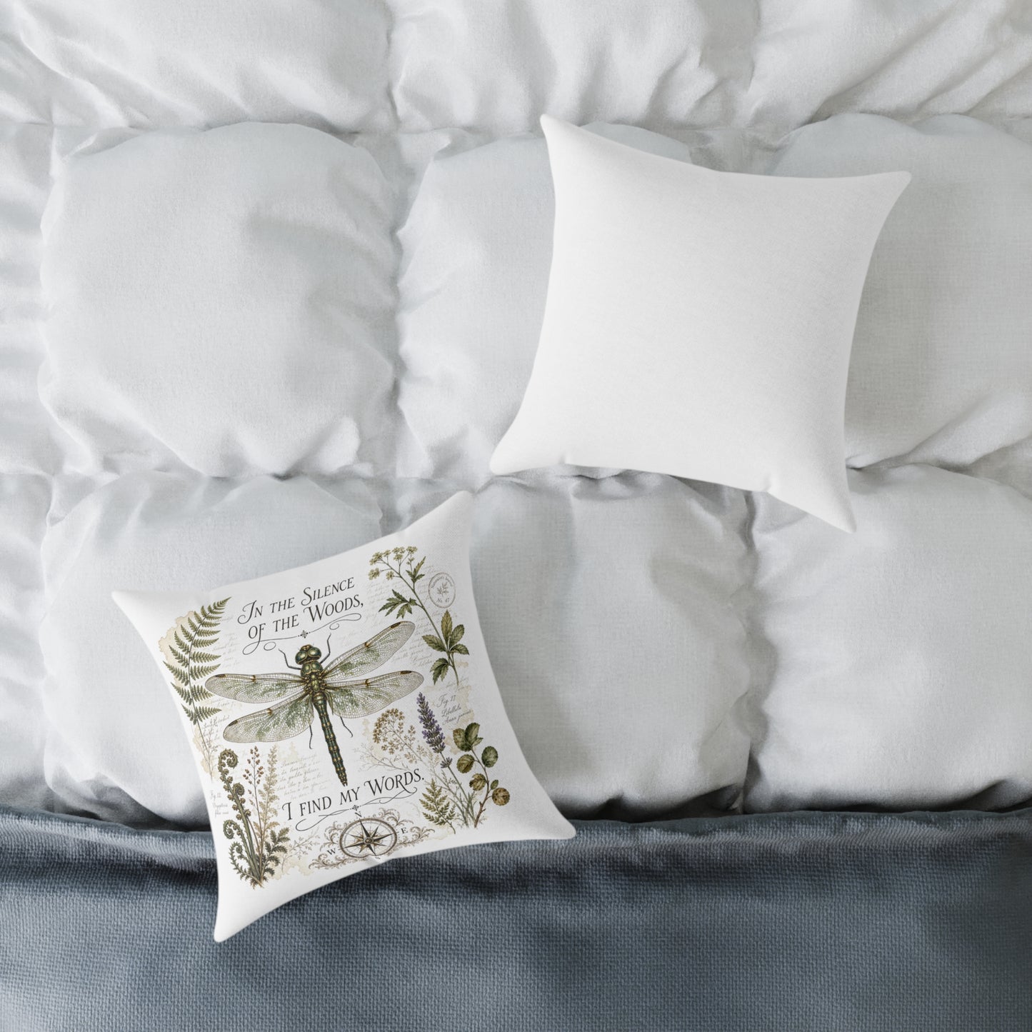 Vintage Botanical Dragonfly throw pillow with Quote "In the Silence of the Woods, I Find My Words" for Writers and Nature Lovers