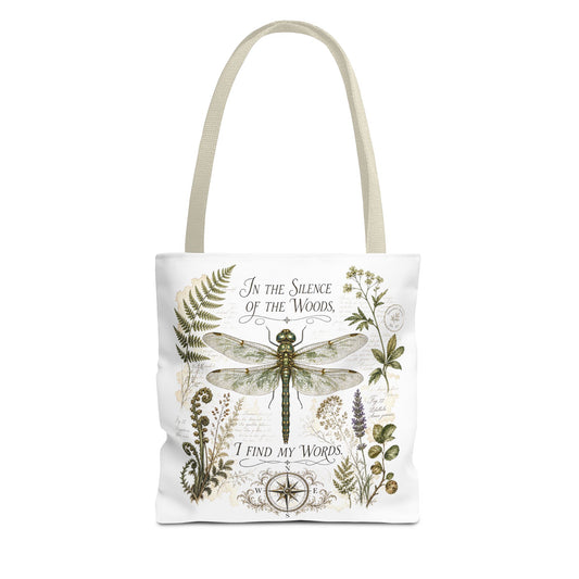 Vintage Botanical Dragonfly tote bag with Quote "In the Silence of the Woods, I Find My Words" for Writers and Nature Lovers