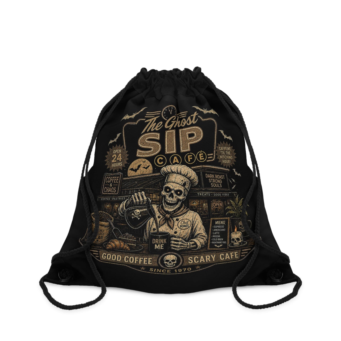 Spooky Coffee and Chaos Retro Skeleton Barista Cafe Illustration - drawstring bag