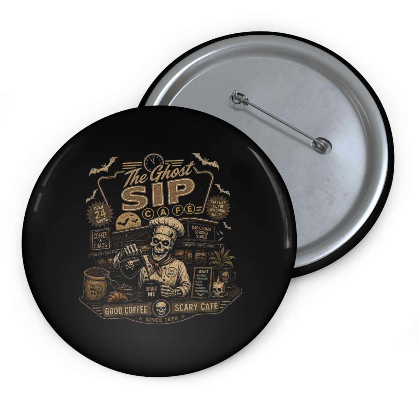 Spooky Coffee and Chaos Retro Skeleton Barista Cafe Illustration - button