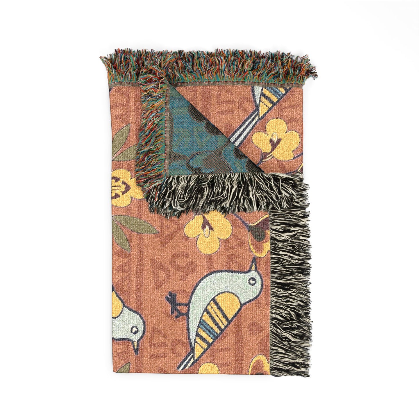Woven Blanket - Modern Folk Art Bird and Floral Seamless Pattern on Terracotta