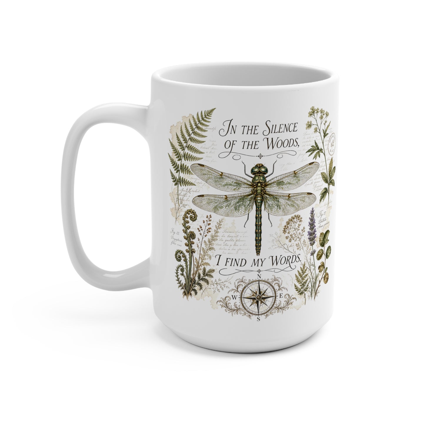 Vintage Botanical Dragonfly mug with Quote "In the Silence of the Woods, I Find My Words" for Writers and Nature Lovers