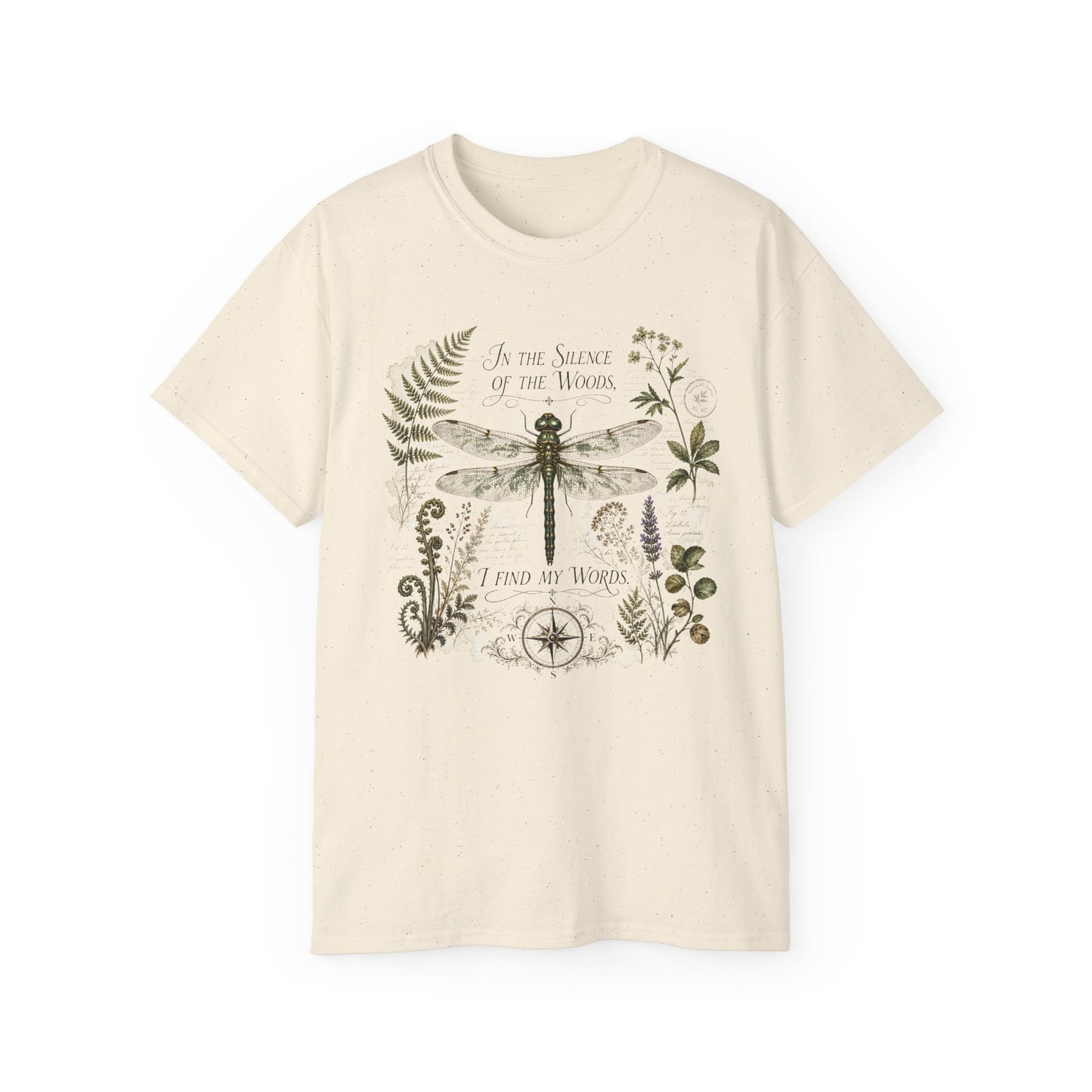 Vintage Botanical Dragonfly t-shirt with Quote "In the Silence of the Woods, I Find My Words" for Writers and Nature Lovers
