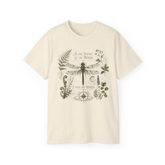 Vintage Botanical Dragonfly t-shirt with Quote "In the Silence of the Woods, I Find My Words" for Writers and Nature Lovers