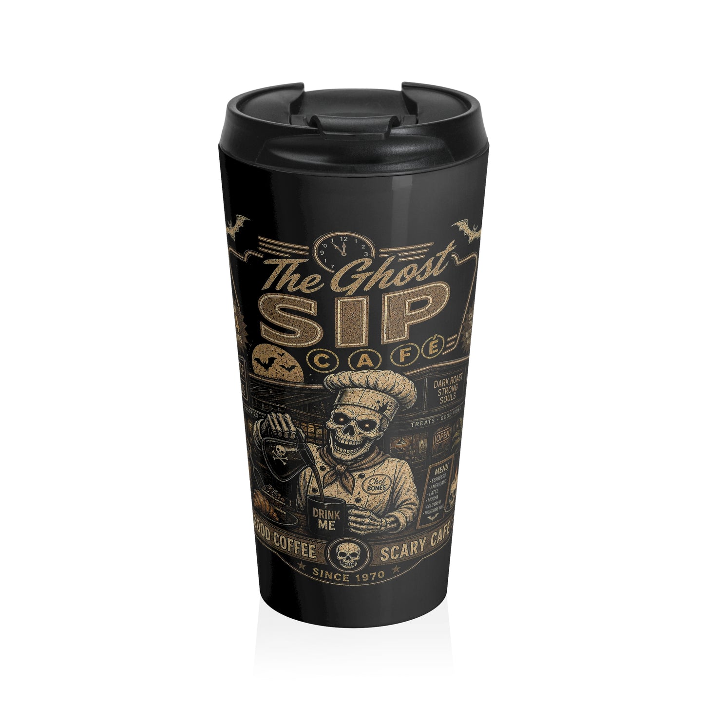 Spooky Coffee and Chaos Retro Skeleton Barista Cafe Illustration - travel mug