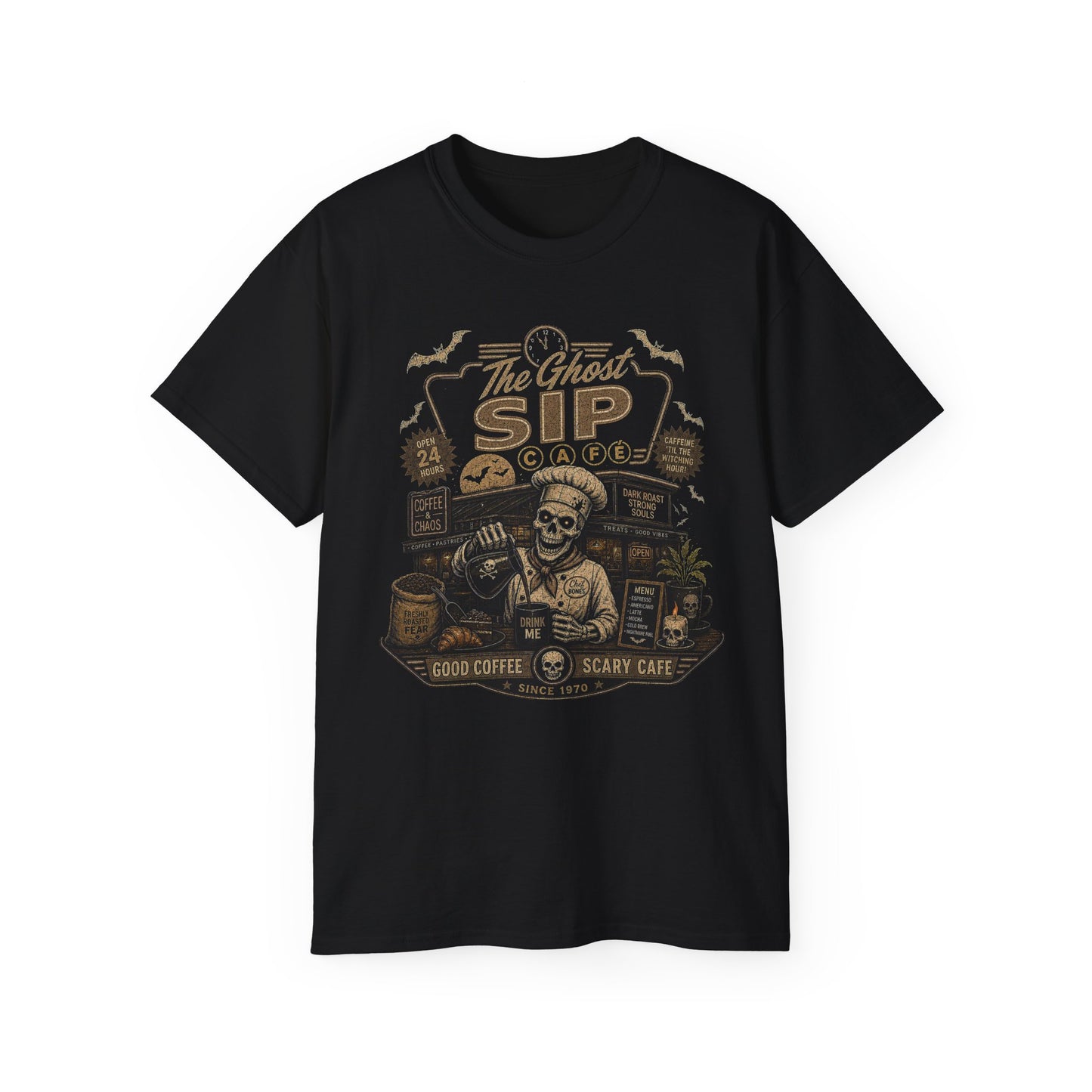 Spooky Coffee and Chaos Retro Skeleton Barista Cafe Illustration - t-shirt
