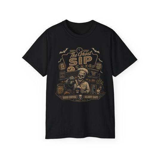 Spooky Coffee and Chaos Retro Skeleton Barista Cafe Illustration - t-shirt