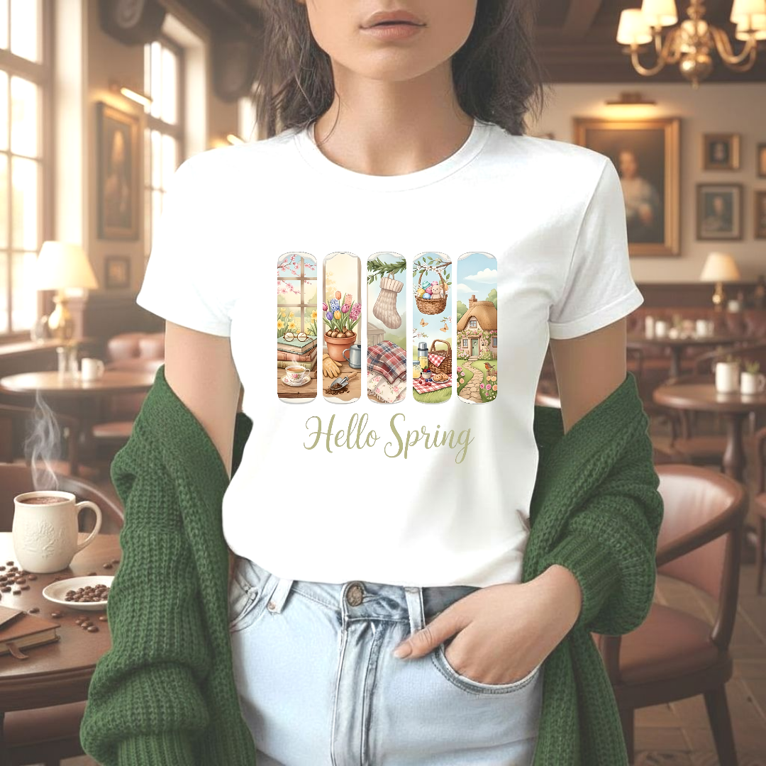 Hello Spring T‑Shirt — Floral Cottage Springtime Graphic Tee