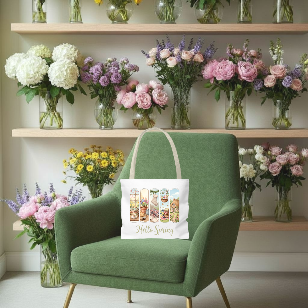 Hello Spring Tote Bag — Floral & Picnic Watercolor Market Tote