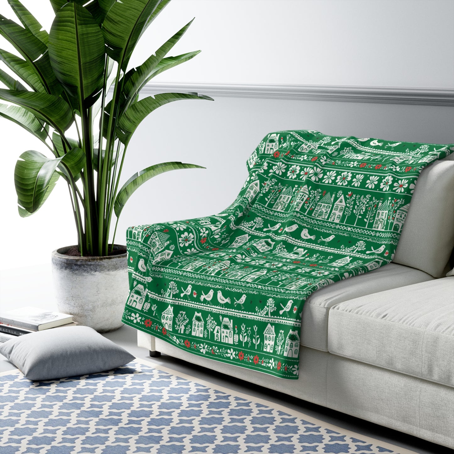 Sherpa Fleece Blanket - folk art garden pattern