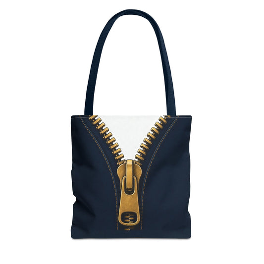A close-up graphic of a metallic gold zipper opening up dark navy denim fabric - tote bag