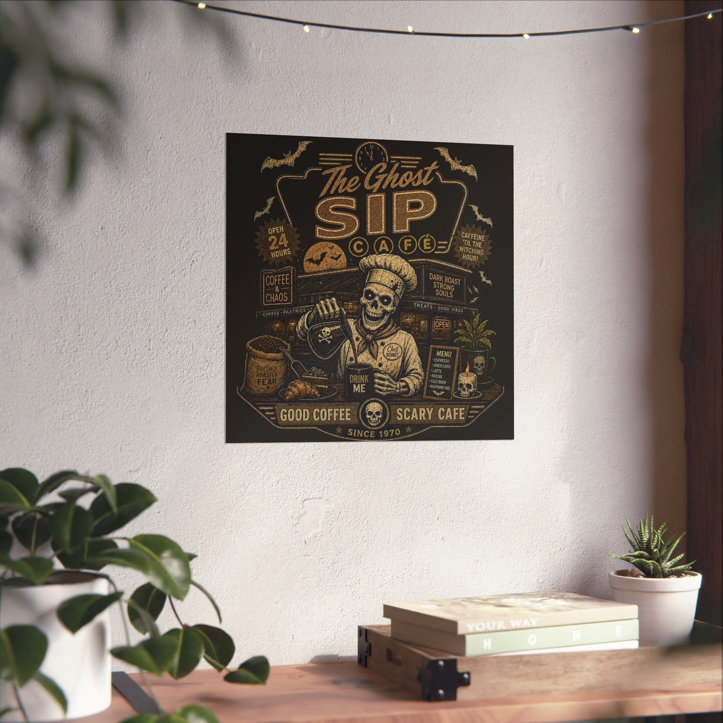 Spooky Coffee and Chaos Retro Skeleton Barista Cafe Illustration - poster